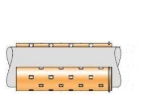 Illustration of a cylindrical, gold-colored object with square cutouts, partially wrapped in a gray sheet. The object features a row of small round protrusions along the top edge.
