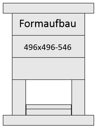Diagramm, das eine rechteckige Struktur mit der Beschriftung „Formaufbau“ zeigt. Sie besteht aus mehreren geschichteten Abschnitten, wobei die Mitte mit „496x496-546“ beschriftet ist. Die Struktur hat unten einen offenen Bereich mit zwei parallelen horizontalen Linien.
