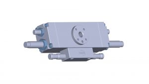 Antrieb1 3D-Darstellung einer mechanischen Komponente mit einem rechteckigen Körper und zylindrischen Stäben, die von ihm ausgehen. Der Hauptkörper weist auf seiner Oberfläche ein rundes Muster mit Löchern auf. Die Komponente wird vor einem schlichten weißen Hintergrund dargestellt.