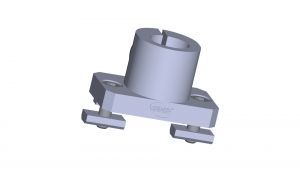 B1 3D-Rendering einer grauen mechanischen Komponente mit einer zylindrischen Oberseite und einer rechteckigen Basis mit Befestigungslöchern an jeder Ecke und einer Nut am Zylinder.