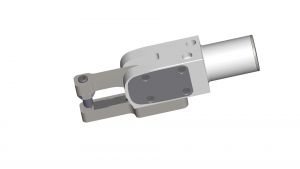 Pneumatikspanner1 Eine 3D-Darstellung einer Roboterarmkomponente mit einer zylindrischen Basis und einem Gelenkgreifmechanismus. Das Design besteht aus Bolzen und Scharnieren in Grau- und Weißtönen. Der Hintergrund ist schlicht weiß.