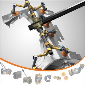 In der Mitte wird eine mechanische Baugruppe mit mehreren verstellbaren Armen und Gelenken angezeigt. Darunter sind Abbildungen verschiedener mechanischer Komponenten wie Klemmen und Verbindungsstücke auf einem weißen Hintergrund mit einer orangefarbenen Kurve zu sehen.