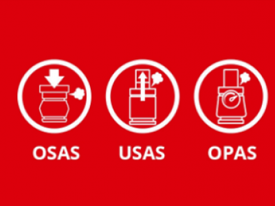 Roter Hintergrund mit drei weißen Symbolen in Kreisen. Jedes Symbol zeigt einen anderen Behältertyp mit Pfeilen und Dampf. Sie sind von links nach rechts mit „OSAS“, „USAS“ und „OPAS“ beschriftet.