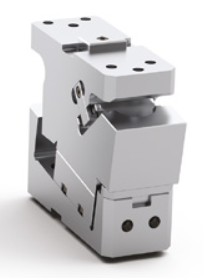 DLD Eine industrielle Metallklemme mit mehreren Löchern und einem geschichteten Design. Sie verfügt über eine stabile, eckige Struktur und ein metallisches Finish.