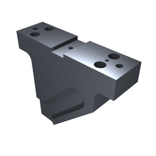 Eine 3D-Darstellung eines metallischen, L-förmigen mechanischen Teils mit mehreren kreisförmigen Löchern auf der Oberseite. Es hat eine glatte, reflektierende Oberfläche und einen Vorsprung auf einer Seite vor einem schwarzen Hintergrund.