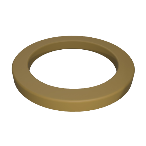 Eine 3D-Darstellung eines flachen, runden, goldfarbenen Rings von oben auf weißem Hintergrund. Der Ring hat eine glatte Textur und wirkt massiv.