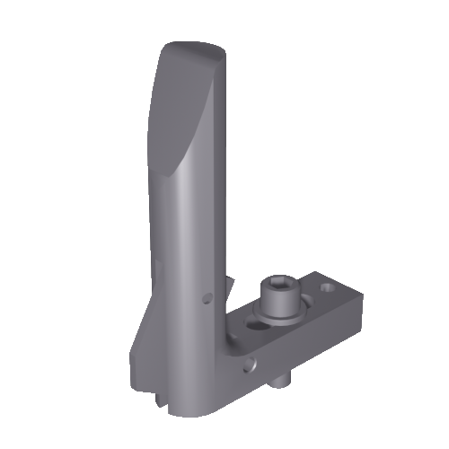 3D-Rendering eines schlanken, grauen mechanischen Teils mit einer vertikalen, gebogenen Komponente, die an einer rechteckigen Basis mit Löchern und Vorsprüngen befestigt ist.