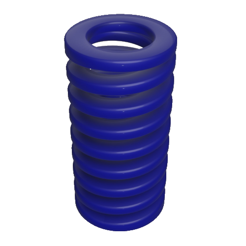 Feder-flach-blau Eine 3D-Darstellung einer aufrecht stehenden blauen Spiralspule vor einem einfachen Hintergrund. Die Spule ist glatt und gleichmäßig verteilt, sodass eine zylindrische Form entsteht.