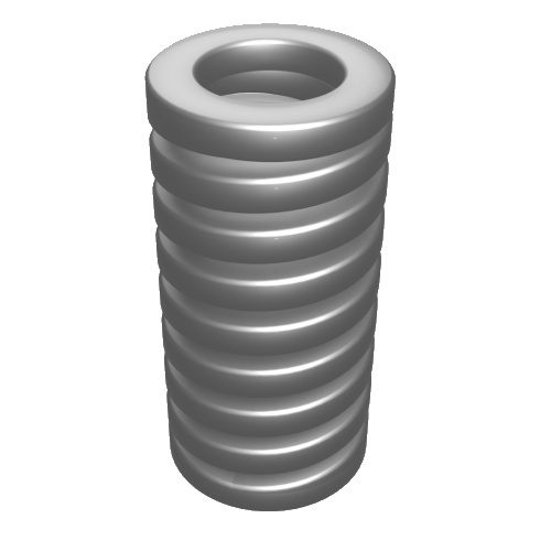 Eine 3D-Darstellung eines metallischen, zylindrischen, spiralförmigen Rillenbauteils mit gleichmäßig verteilten Rillen. Das Objekt ist in der Mitte hohl und erscheint silbern mit einer reflektierenden Oberfläche.
