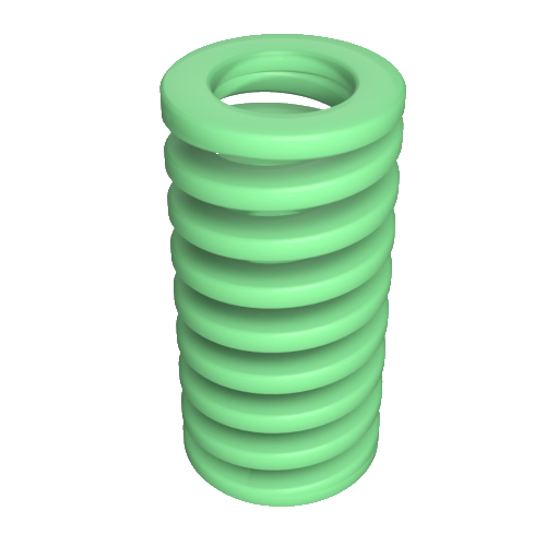 Feder-flach-hellgruen Eine 3D-Darstellung einer grünen Spiralfeder, die vertikal mit gleichmäßig verteilten Windungen gewickelt ist. Die Feder steht aufrecht und zeigt ihren kreisförmigen Querschnitt und ihre gleichmäßige Struktur auf einem weißen Hintergrund.