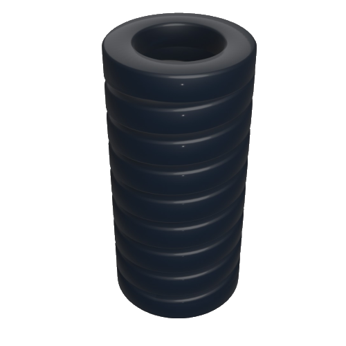 Feder-flach-schwarz Ein dunkles, zylindrisches Objekt mit einem gerippten, spiralförmigen Design, das einer Spule oder Feder ähnelt, vor einem schlichten weißen Hintergrund.