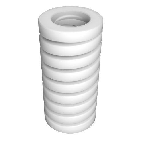 Feder-flach-weiss Ein weißer Stapel aus acht glatten, zylindrischen Scheiben, die einer Spule oder Spirale ähneln, ist gleichmäßig ausgerichtet und vertikal vor einem schlichten Hintergrund orientiert.