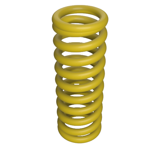 Feder-rund-gelb Vor einem weißen Hintergrund ist eine 3D-Darstellung einer gelben Spiralfeder zu sehen. Die Feder hat eine glatte, zylindrische Form und weist mehrere gleichmäßig angeordnete Schleifen auf.