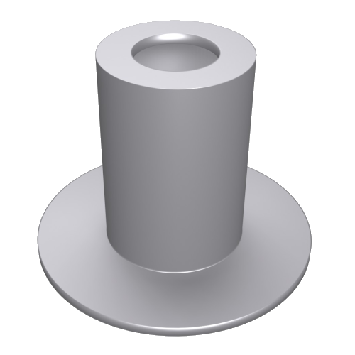 Ein 3D-gerendertes Bild eines zylindrischen Objekts mit hohler Mitte, montiert auf einer runden Basis. Das Objekt ist silberfarben und metallisch, mit glatter Oberfläche und einfachem geometrischem Design.