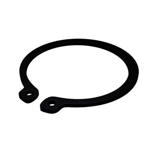 Ein schwarzer, runder Sicherungsring mit zwei kleinen Löchern an beiden Enden, der auf einer schwarzen Oberfläche liegt. Der Ring ist dünn und symmetrisch, für mechanische Baugruppen konzipiert und bietet einen sicheren Sitz in Nuten von Wellen oder Bohrungen.