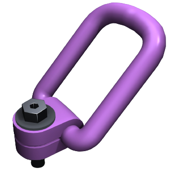 Vor einem einfarbigen Hintergrund ist ein violetter D-Ring-Hebeanker mit einer Sechskantschraube abgebildet.