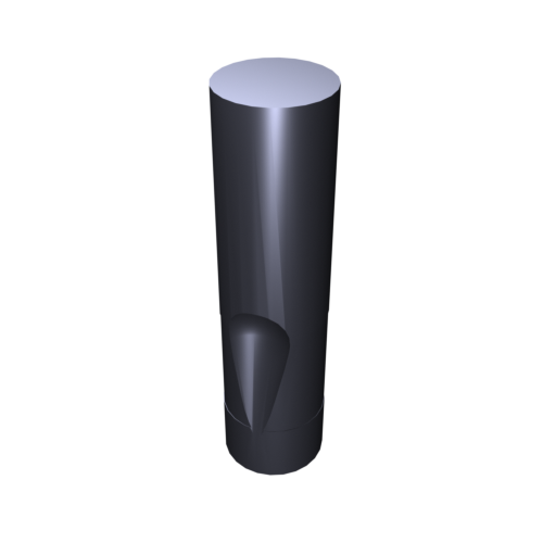 Ein 3D-gerendertes Bild eines zylindrischen Körpers mit glatter, reflektierender Oberfläche. Der Zylinder ist vertikal ausgerichtet und hat auf einer Seite eine konische Einbuchtung oder Aussparung. Der Hintergrund ist schlicht schwarz und betont die Form und Textur.