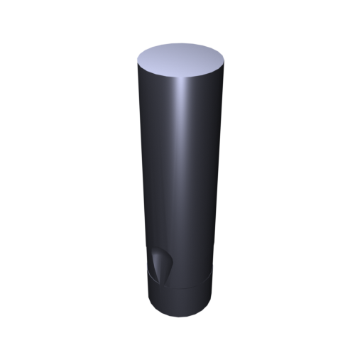 Ein schlankes, zylindrisches schwarzes Objekt mit glatter, reflektierender Oberfläche vor schwarzem Hintergrund. Es hat eine etwas dickere Basis und verjüngt sich leicht nach oben.