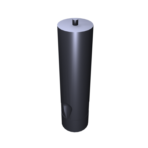 Eine 3D-Darstellung eines hohen, zylindrischen Objekts mit einer flachen Oberseite und einem kleinen Vorsprung. Die Oberfläche ist glatt und reflektierend und in der Nähe der Basis befindet sich eine Kerbe. Das Objekt ist auf einem schwarzen Hintergrund zentriert.