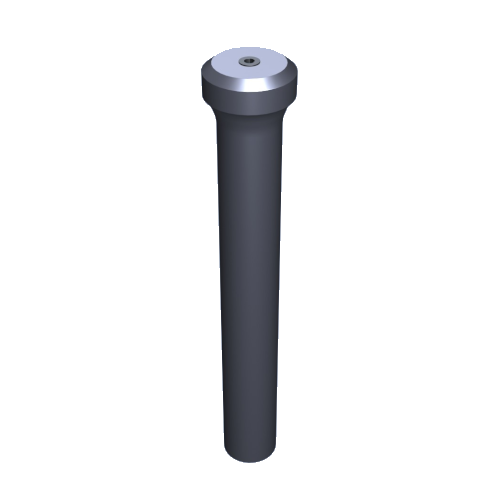 Ein 3D-gerendertes Bild eines schwarzen zylindrischen Stabs mit einer breiteren silbermetallischen Spitze. Die Spitze hat in der Mitte eine kleine kreisförmige Einkerbung. Der Stab verjüngt sich nach oben hin leicht.
