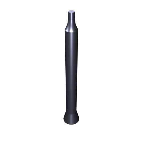 Ein metallisches, zylindrisches Objekt mit einer ausgestellten Basis und einer spitz zulaufenden Spitze vor einem schwarzen Hintergrund. Die Oberfläche erscheint glatt und reflektierend.