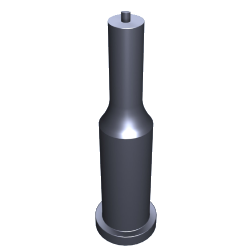 Ein 3D-Modell einer zylindrischen, silberfarbenen Flasche mit schmalem Hals und einer kleinen zylindrischen Ausbuchtung an der Oberseite. Das Design ist schlicht und die Flasche scheint metallisch zu sein.