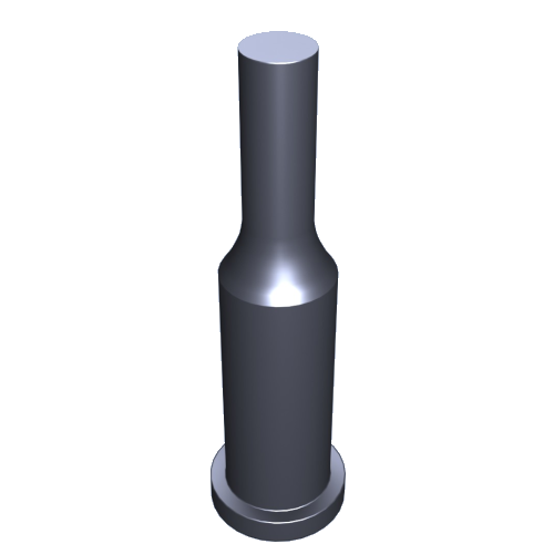 Ein 3D-gerendertes Bild eines hohen, zylindrischen Objekts, das einer aufrecht stehenden Flasche ähnelt. Die Oberfläche ist glatt und metallisch mit einem reflektierenden Glanz. Die Flasche hat einen schmalen Hals und einen breiteren Boden.