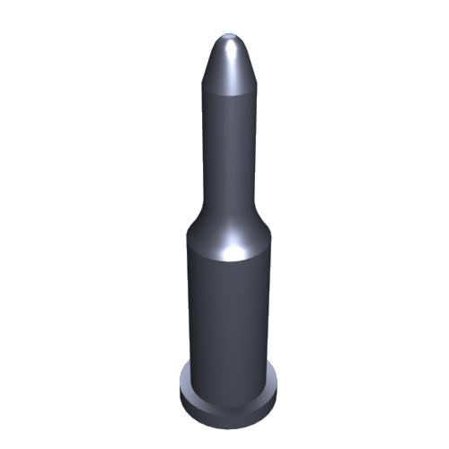 Ein 3D-gerendertes Bild einer einzelnen, metallisch-grauen Kugel, die aufrecht auf einem schlichten weißen Hintergrund steht. Die Kugel hat ein stromlinienförmiges Design mit einer abgerundeten Spitze und einem zylindrischen Körper mit flacher Basis.
