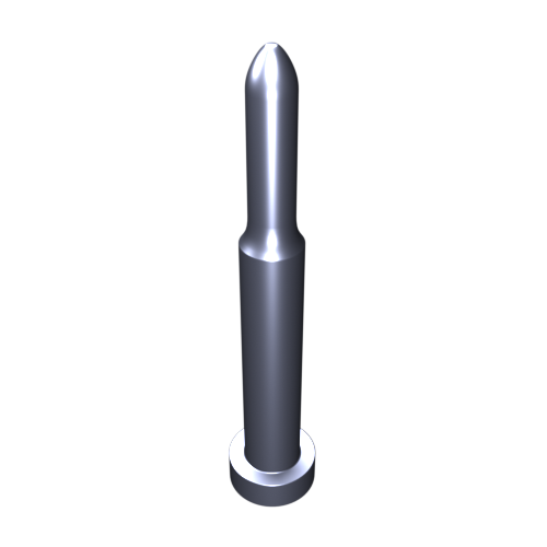 Ein metallisches, kugelförmiges Objekt mit einer glänzenden, glatten Oberfläche steht zentriert vor einem schwarzen Hintergrund. Es sieht zylindrisch aus, mit einer spitzen Spitze und einer flachen Basis.