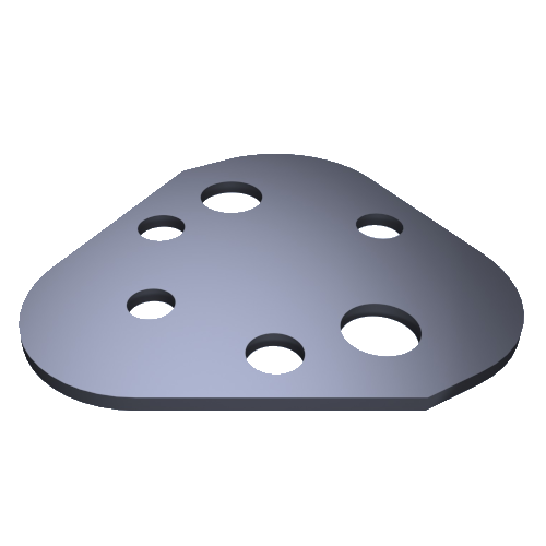 Auf weißem Hintergrund ist eine metallische, dreieckige Platte mit fünf kreisrunden Löchern unterschiedlicher Größe abgebildet. Die Platte hat eine glatte Oberfläche und abgerundete Kanten.