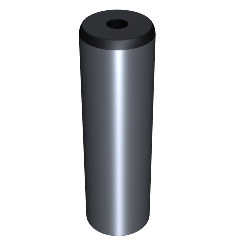 Ein 3D-gerendertes, graues zylindrisches Objekt mit einer flachen schwarzen Oberseite und einer kleinen kreisförmigen Vertiefung in der Mitte. Die Oberfläche ist glatt und reflektierend.