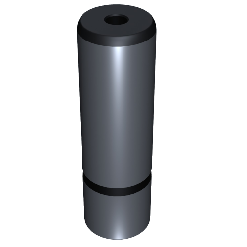 N106_a Ein 3D-gerenderter Metallzylinder mit einem Loch an der Oberseite und zwei schwarzen Bändern im oberen und mittleren Bereich. Der Zylinder hat eine glänzende, reflektierende Oberfläche und scheint vor einem transparenten Hintergrund zu schweben.