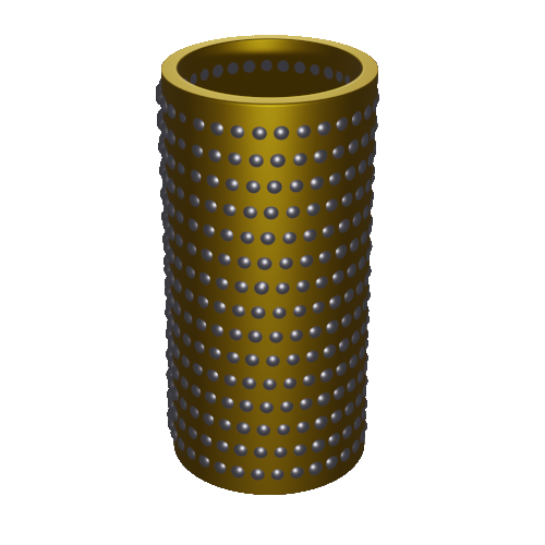 N111_a Ein zylindrischer, metallischer Gegenstand mit einer goldenen Farbe und Reihen gleichmäßig verteilter, kleiner schwarzer Punkte, die seine Oberfläche umhüllen.