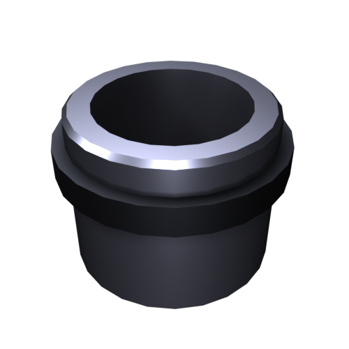 N122_a Eine 3D-Darstellung einer kleinen, dunkelgrauen, zylindrischen Tasse mit dickem Rand vor schwarzem Hintergrund. Die Tasse hat eine etwas breitere Oberseite mit metallischem Glanz, was eine reflektierende Oberfläche suggeriert.