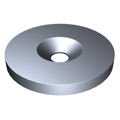 N125_a 3D-Darstellung einer metallischen Unterlegscheibe mit runder, flacher Form und einem Loch in der Mitte. Die Außenkanten sind sanft gebogen und die Oberfläche wirkt reflektierend und weist einen metallischen Glanz auf.