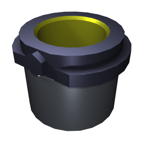 N140 3D-gerendertes Bild eines zylindrischen Objekts. Der äußere Ring ist dunkelgrau mit einem sechseckigen Bolzenmerkmal und der innere Teil ist ein hellgelber Zylinder, der leicht über den äußeren Ring hinausragt. Der Hintergrund ist schwarz.