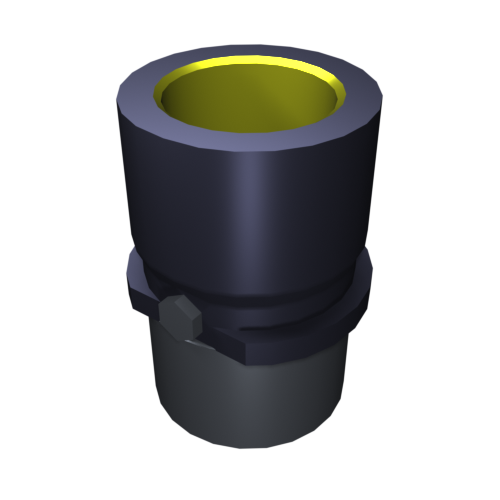 N141 Ein 3D-gerendertes Bild einer dunkelgrauen und gelben Industriekomponente, die einem zylindrischen Verbinder oder einer Kupplung ähnelt, vor einem schwarzen Hintergrund. Der obere Teil ist breiter und hat eine hellgelbe Innenseite.