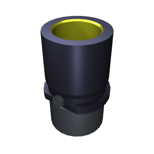 N142 Ein 3D-gerendertes Bild eines zylindrischen Objekts mit dunkler Außenseite und leuchtend gelber Innenseite. Es hat eine glänzende Oberfläche und ein sechseckiges Merkmal in der Nähe der Basis, das an ein mechanisches oder industrielles Bauteil erinnert und sich vor einem schwarzen Hintergrund abhebt.