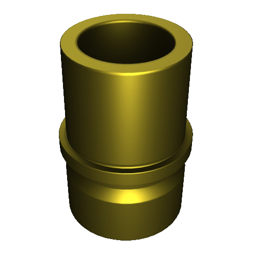 N150_a Ein 3D-gerendertes Bild eines goldenen zylindrischen Objekts mit einer ausgestellten Basis und einer glatten, glänzenden Oberfläche, das einer Hülse oder Buchse ähnelt.