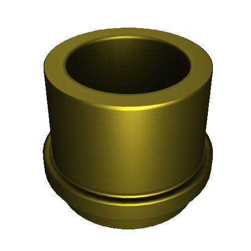 N151_a Eine 3D-Darstellung eines glänzenden, goldenen, zylindrischen Objekts, das einer Buchse oder einem Metallring ähnelt und einen vertieften zentralen Hohlraum aufweist. Die Oberfläche ist glatt und reflektierend, mit einem zusätzlichen Ring oder Flansch in der Nähe der Basis. Der Hintergrund ist schlicht weiß.