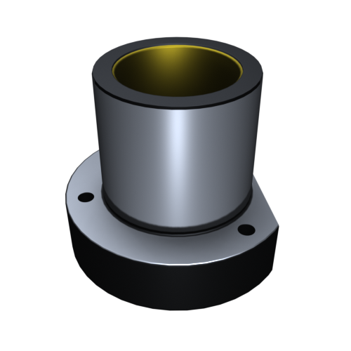 N194N172_a Eine 3D-Darstellung eines zylindrischen Metallobjekts mit gelber Innenseite, montiert auf einem runden Sockel mit zwei Löchern. Der Zylinder wirkt metallisch und reflektierend, positioniert vor einem schwarzen Hintergrund.