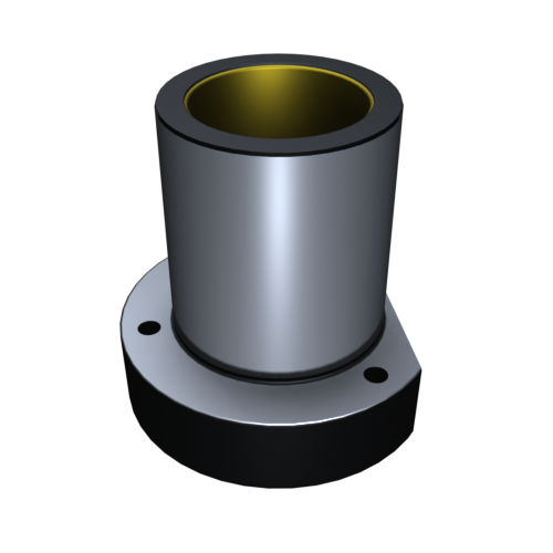 N195N173_a Ein 3D-gerendertes Bild eines zylindrischen Lagergehäuses aus Metall mit einer flachen, runden Basis und zwei Befestigungslöchern. Der innere Teil ist gelb hervorgehoben und zeigt die innere Oberfläche oder Auskleidung an.