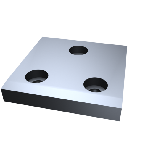 Ein 3D-gerendertes Bild einer grauen, quadratischen Metallplatte mit abgeschrägten Kanten und drei gleichmäßig verteilten kreisförmigen Löchern.