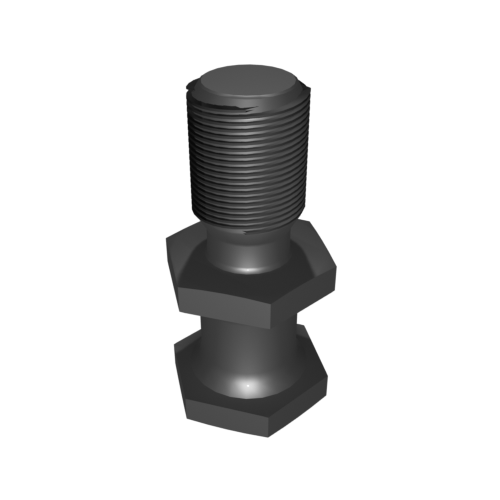 Eine 3D-Darstellung einer grauen, metallischen Schraube mit einem Gewinde an der Oberseite und zwei sechseckigen Abschnitten auf schwarzem Hintergrund.