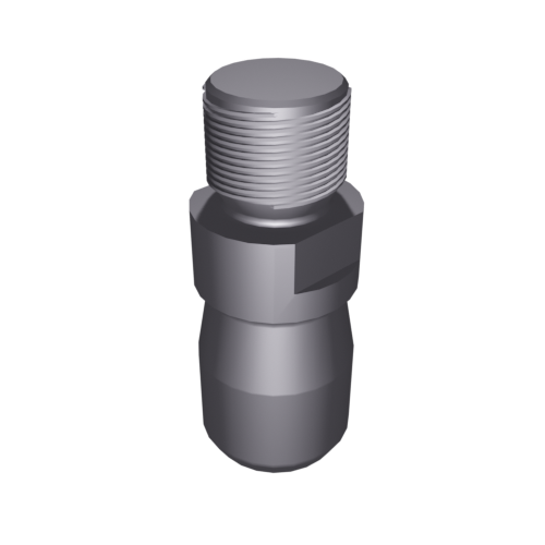 Ein 3D-gerendertes Bild eines metallischen Gewindebolzens mit sechseckigem Mittelteil. Der Bolzen verjüngt sich nach unten und hat eine zylindrische Oberseite mit sichtbarem Gewinde. Der Hintergrund ist komplett schwarz.