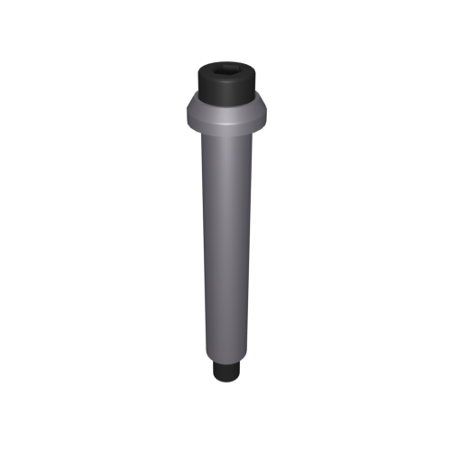 Ein 3D-gerendertes zylindrisches Objekt mit einem grauen Schaft und einer schwarzen Ober- und Unterseite, das einem Bolzen oder Stift ähnelt und zentriert vor einem schlichten schwarzen Hintergrund steht.