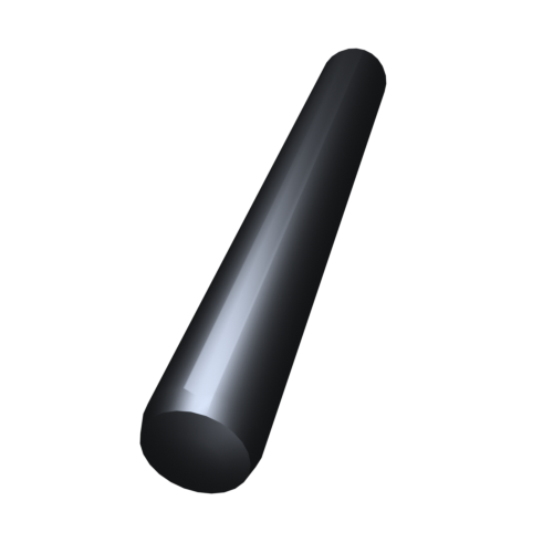 Ein glänzender, zylindrischer schwarzer Stab mit glatter Oberfläche, diagonal vor einem schwarzen Hintergrund positioniert.