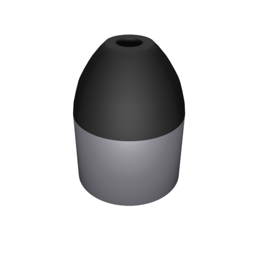 Ein einfaches 3D-Modell eines kugelförmigen Objekts mit einer schwarzen oberen Hälfte und einer grauen unteren Hälfte vor einem schlichten schwarzen Hintergrund.