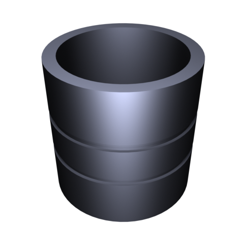 Ein 3D-gerendertes Bild eines dunklen zylindrischen Objekts mit zwei horizontalen Rillen um seinen Körper, das einer stilisierten Darstellung einer Datenbank oder eines Speicherfasses vor einem dunklen Hintergrund ähnelt.