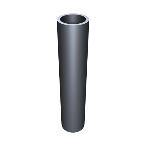 Eine 3D-Darstellung eines hohen, metallischen Zylinders, der aufrecht auf einem schwarzen Hintergrund steht. Der Zylinder ist hohl, hat oben eine runde Öffnung und eine glatte, reflektierende Oberfläche.